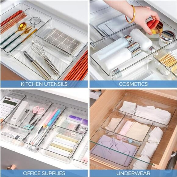 Clear Drawer Organizer Bins Set for Makeup Jewelry Office Kitchen Storage - Picture 7 of 8
